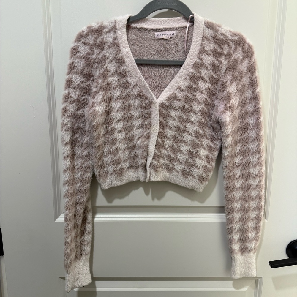Aeropostale Fuzzy V-Neck Cardigan in Cream and Brown